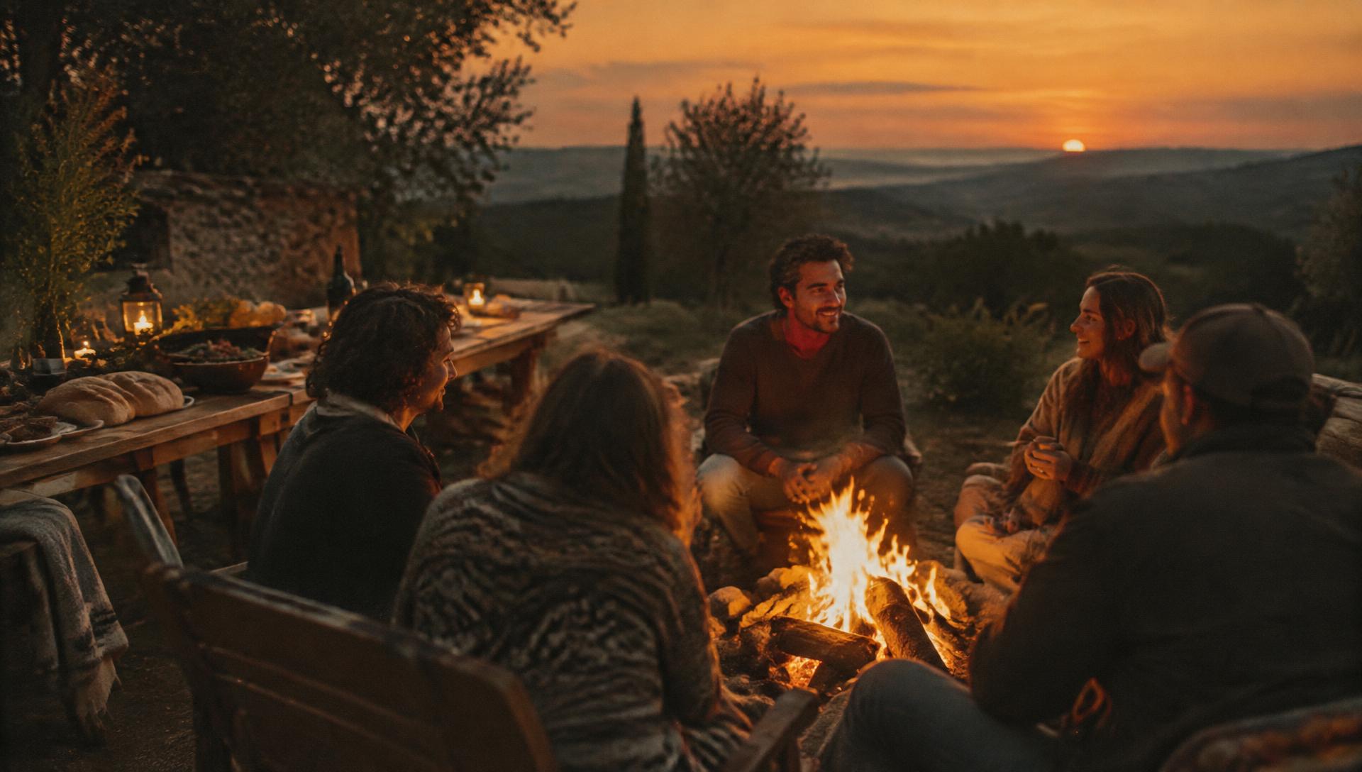 people gathered around a campfire at dusk